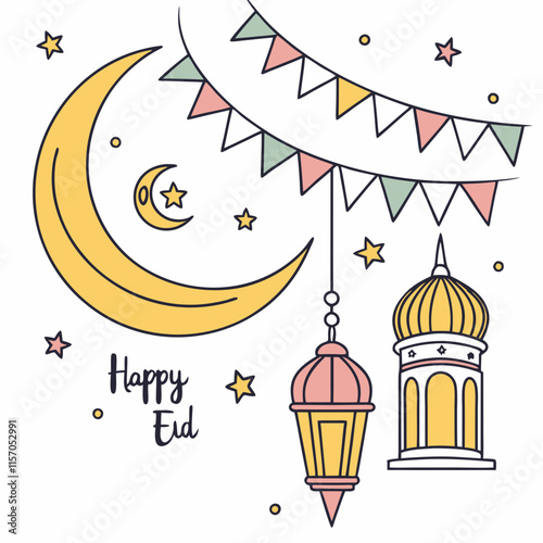 Simple Line Art Illustration of a Mosque Under a Crescent Moon