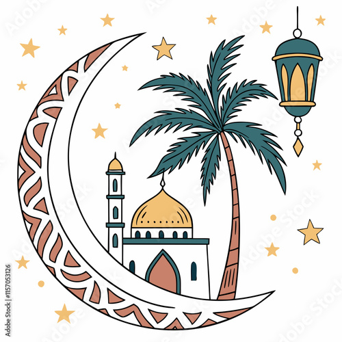 Simple Line Art Illustration of a Mosque Under a Crescent Moon