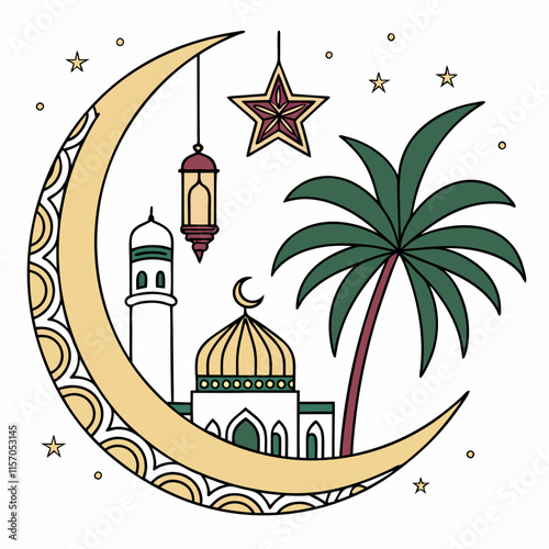 Simple Line Art Illustration of a Mosque Under a Crescent Moon