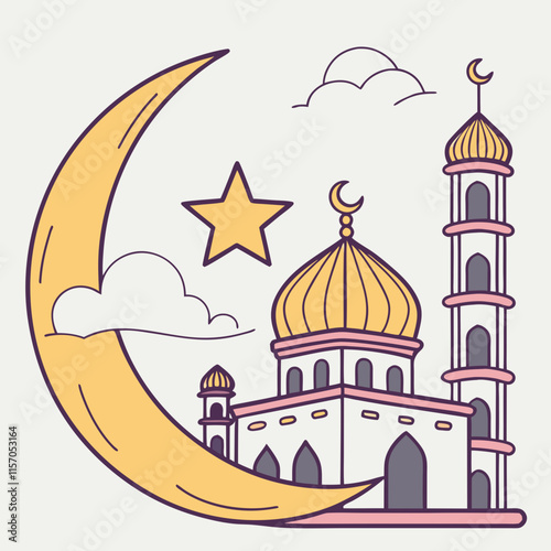 Simple Line Art Illustration of a Mosque Under a Crescent Moon