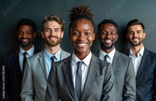 Diverse business team in suits stands together. African American men, women in office attire look happy, confident. Professionals in corporate setting. Photo shows strong team spirit in modern photo