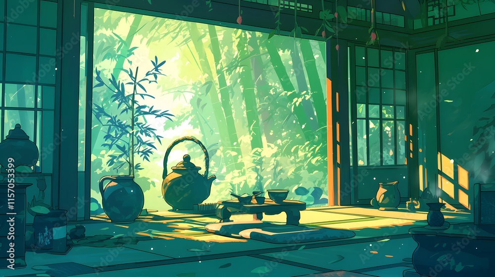 Calming tea garden with matcha green shades and bamboo scenery, anime style