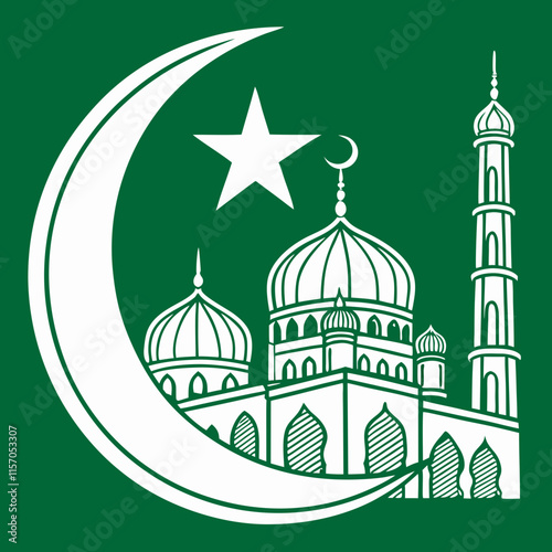 Simple Line Art Illustration of a Mosque Under a Crescent Moon