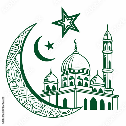 Simple Line Art Illustration of a Mosque Under a Crescent Moon