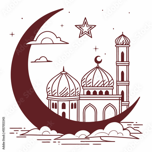 Simple Line Art Illustration of a Mosque Under a Crescent Moon