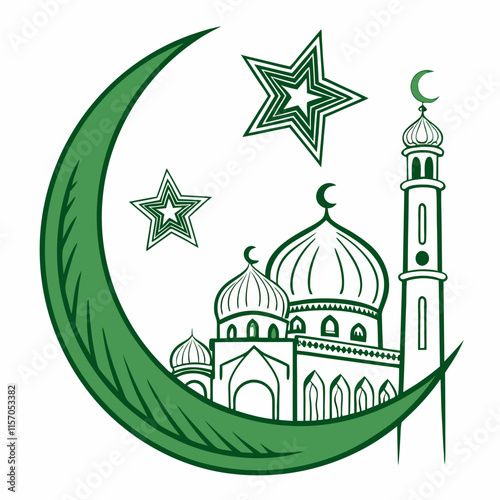 Simple Line Art Illustration of a Mosque Under a Crescent Moon