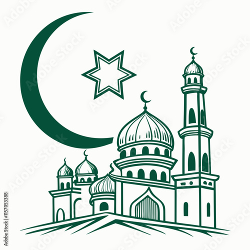 Simple Line Art Illustration of a Mosque Under a Crescent Moon