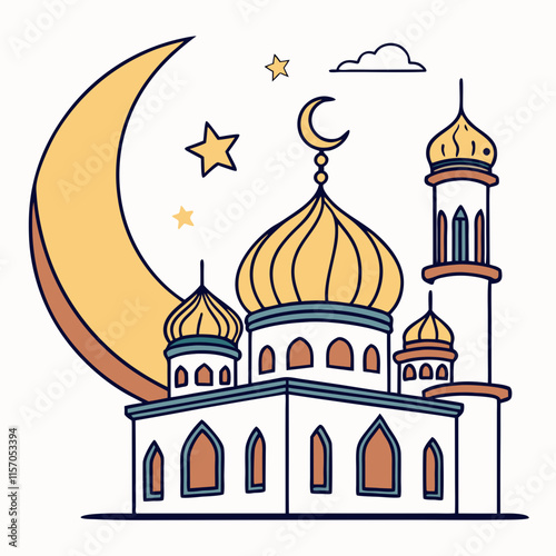 Simple Line Art Illustration of a Mosque Under a Crescent Moon