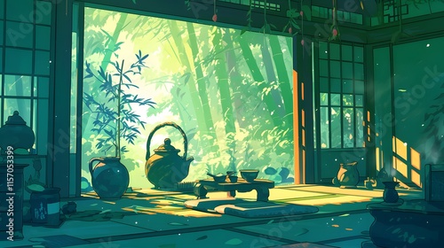 Obraz na płótnie Calming tea garden with matcha green shades and bamboo scenery, anime style w salonie
