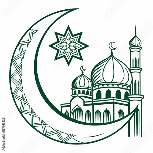Simple Line Art Illustration of a Mosque Under a Crescent Moon