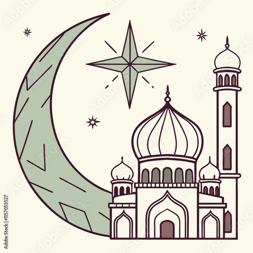 Simple Line Art Illustration of a Mosque Under a Crescent Moon