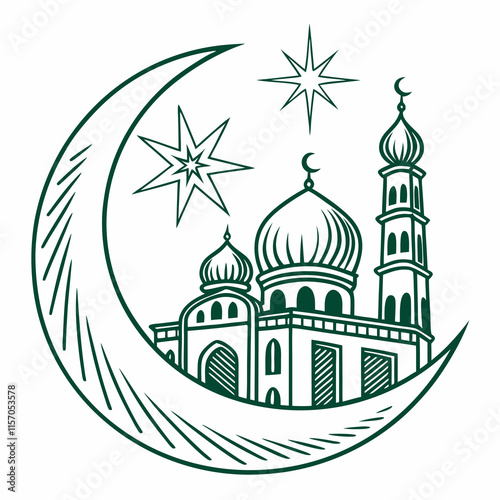 Simple Line Art Illustration of a Mosque Under a Crescent Moon