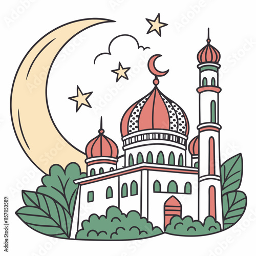 Simple Line Art Illustration of a Mosque Under a Crescent Moon