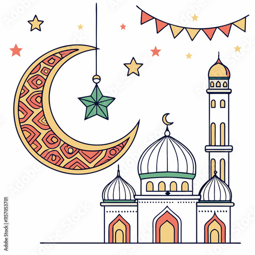 Simple Line Art Illustration of a Mosque Under a Crescent Moon