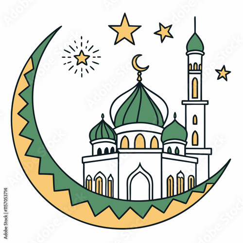 Simple Line Art Illustration of a Mosque Under a Crescent Moon