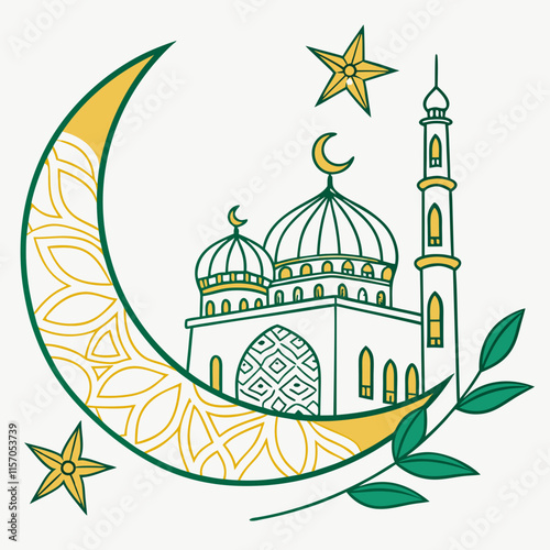 Simple Line Art Illustration of a Mosque Under a Crescent Moon