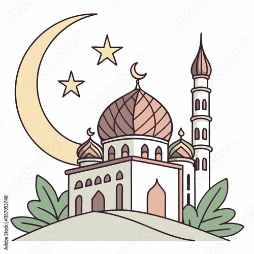 Simple Line Art Illustration of a Mosque Under a Crescent Moon
