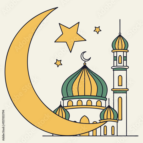 Simple Line Art Illustration of a Mosque Under a Crescent Moon