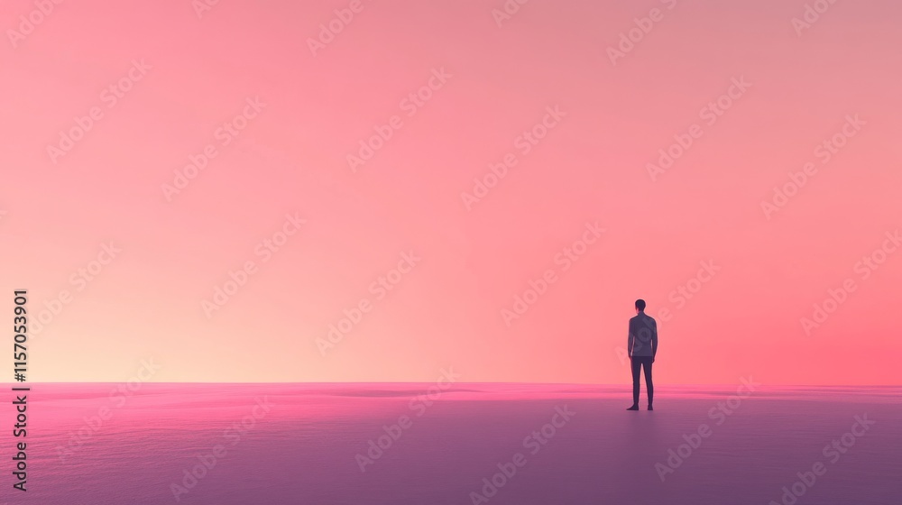 Solitary figure in serene pastel landscape. Solitary figure in serene pastel landscape.