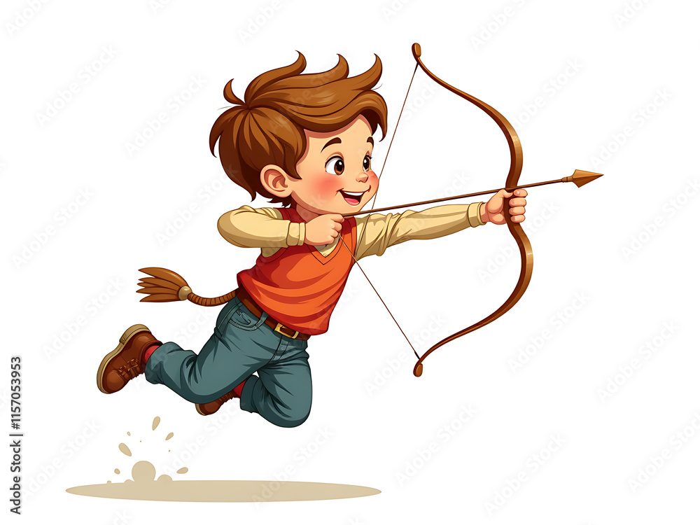 Retro Boy Flying Through Air, Shooting Arrow From Bow, Isolated And Cute, Depicted In A Simple White Background Scene. 00001 Retro Boy Flying Through Air, Shooting Arrow From Bow, Isolated And Cute, Depicted In A Simple White Background Scene. 00001