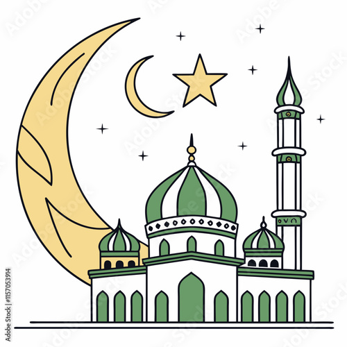 Simple Line Art Illustration of a Mosque Under a Crescent Moon