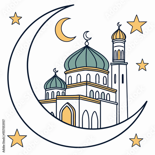 Simple Line Art Illustration of a Mosque Under a Crescent Moon