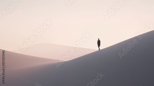 Solitary figure on serene sand dunes at dusk.