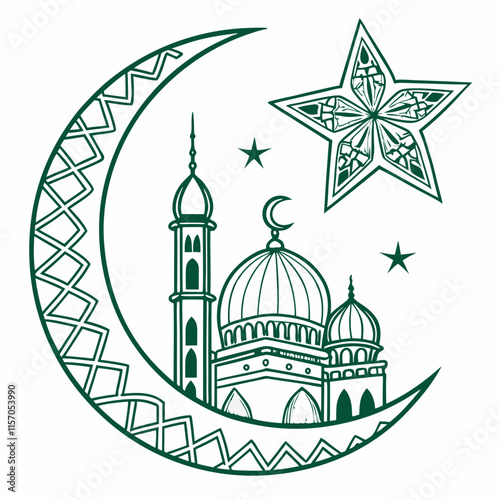 Simple Line Art Illustration of a Mosque Under a Crescent Moon