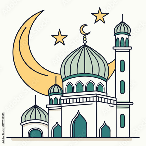 Simple Line Art Illustration of a Mosque Under a Crescent Moon