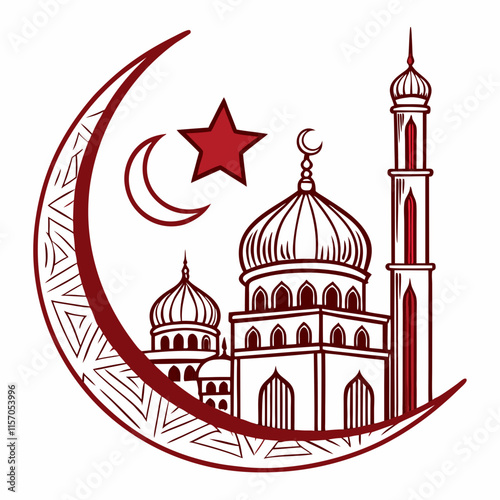 Simple Line Art Illustration of a Mosque Under a Crescent Moon