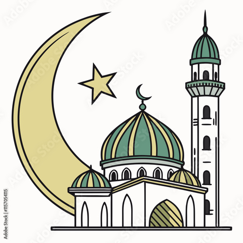 Simple Line Art Illustration of a Mosque Under a Crescent Moon