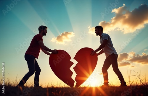 Two men try to reunite broken heart at sunset. Silhouette figures struggle together with large red heart symbol broken into two pieces in front of colourful sunset. Photo concept of repairing