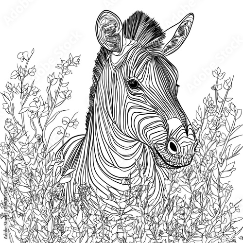 Stripes in the Savanna: Line art Zebra portrait amidst flourishing flora 