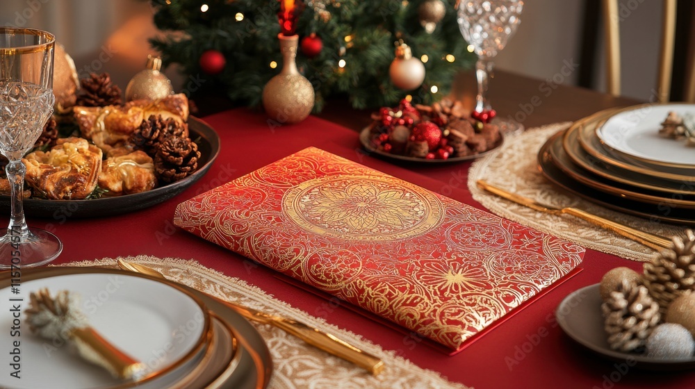 Fototapeta premium Elegant Christmas Table Setting with Gifts and Festive Decorations