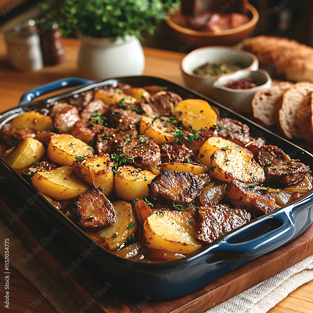 hearty and comforting dish featuring tender meat and potatoes, beautifully arranged in blue casserole dish. Perfect for family gatherings or cozy dinners hearty and comforting dish featuring tender meat and potatoes, beautifully arranged in blue casserole dish. Perfect for family gatherings or cozy dinners