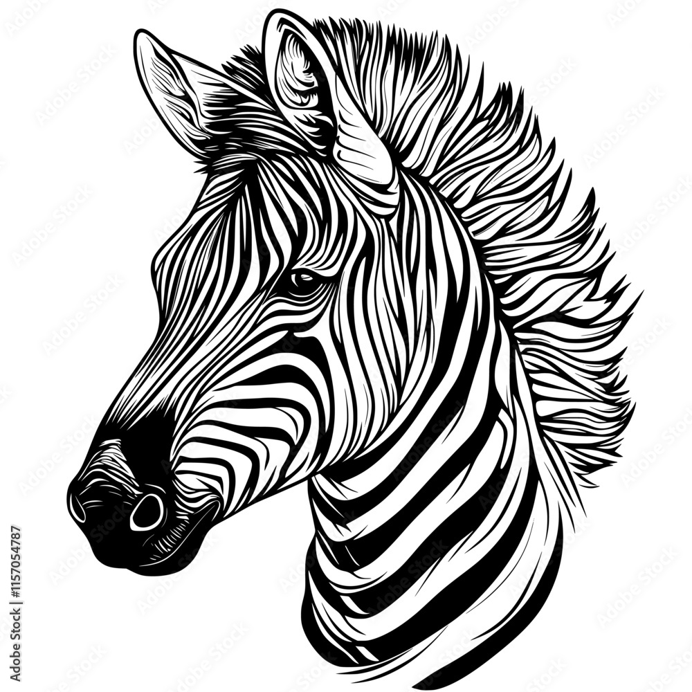 Striking Zebra Portrait: A captivating monochrome illustration of a zebra's head, showcasing intricate details and a powerful presence. Perfect for designs needing a touch of wild elegance. Striking Zebra Portrait: A captivating monochrome illustration of a zebra's head, showcasing intricate details and a powerful presence. Perfect for designs needing a touch of wild elegance.