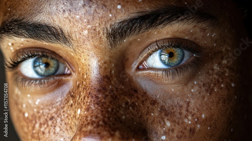 Close up portrait of a model showing vitiligo and freckles