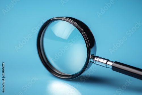 Close-up view of a magnifying glass resting on a blue background, highlighting its lens and craftsmanship intricacies photo