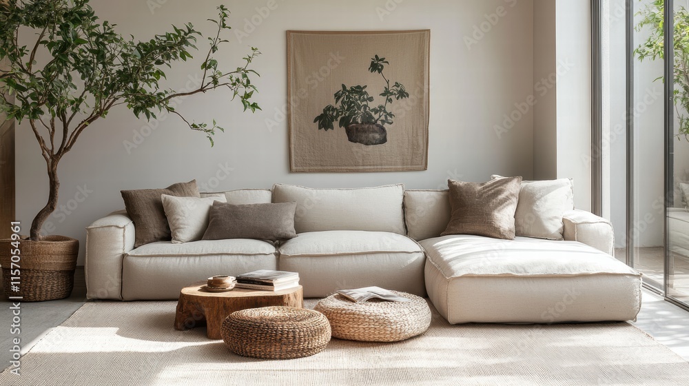 Modern minimalist neutral living room with beige sofa and indoor tree Modern minimalist neutral living room with beige sofa and indoor tree