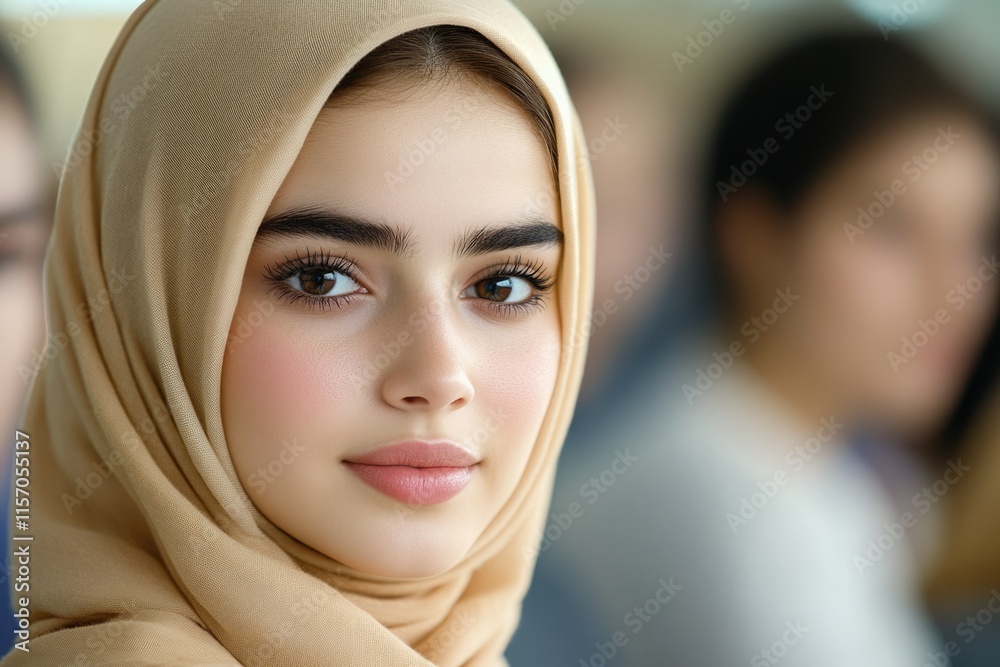 Young woman wearing a hijab smiles softly while attending a lecture in a university classroom filled with students Young woman wearing a hijab smiles softly while attending a lecture in a university classroom filled with students
