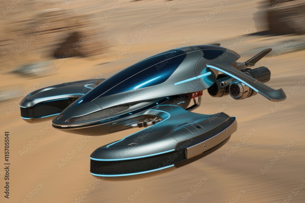 Obraz premium Futuristic vehicle speeding across a desert landscape, showcasing sleek design and advanced technology.