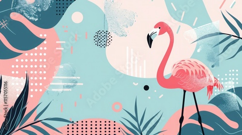 Colorful tropical design featuring a pink flamingo and abstract shapes in vibrant hues of blue and pink