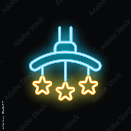 Colorful neon icon of a baby mobile hanging with glowing stars, representing childhood, joy, and parenthood