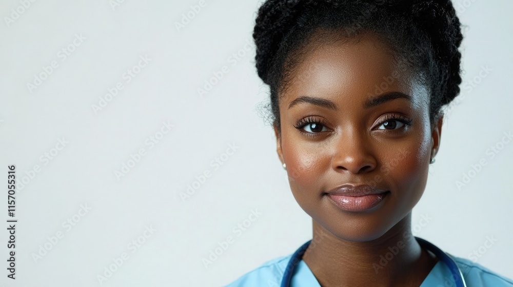 Healthcare professional wearing a blue uniform with a stethoscope around the neck in a neutral background Healthcare professional wearing a blue uniform with a stethoscope around the neck in a neutral background