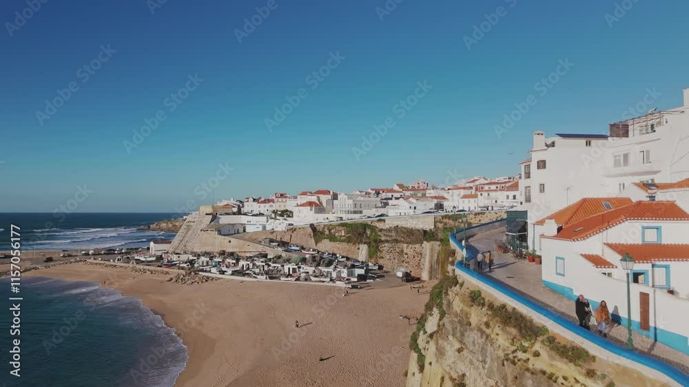 Establishing aerial shot of the coastal village of Ericeira. Portugal Establishing aerial shot of the coastal village of Ericeira. Portugal