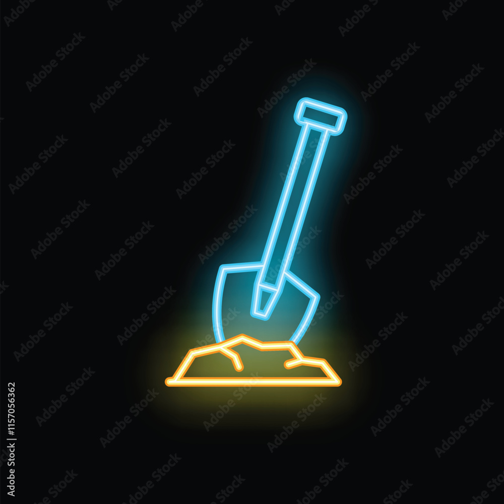 Bright neon shovel digging in the ground on a black background Bright neon shovel digging in the ground on a black background