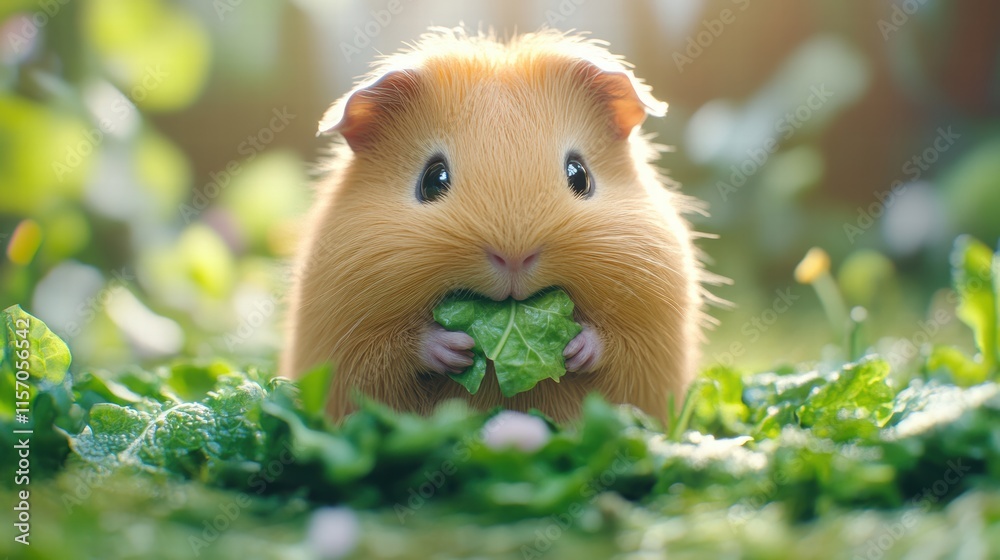 Fototapeta premium Guinea pig enjoying fresh lettuce in lush green garden