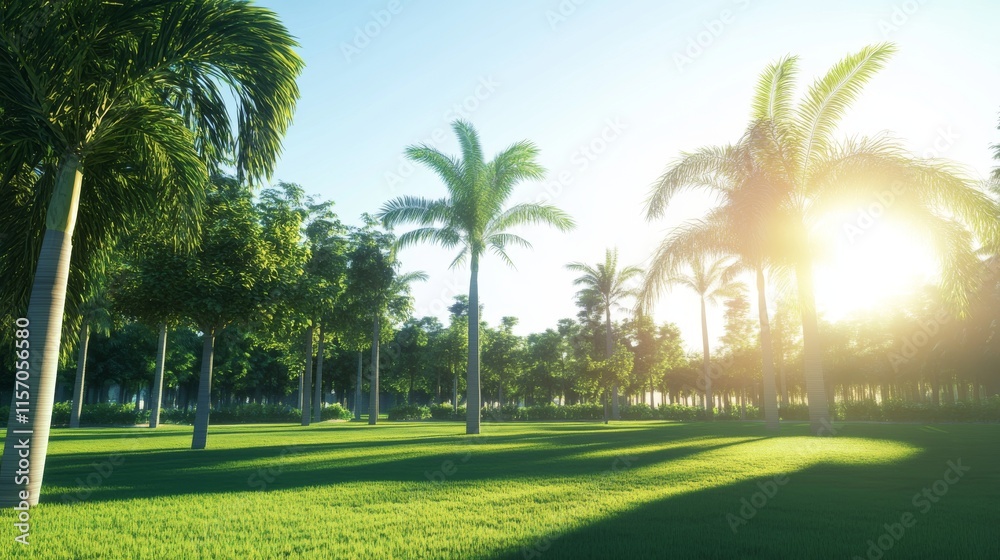 Sunlit park with lush green grass and palms. Sunlit park with lush green grass and palms.
