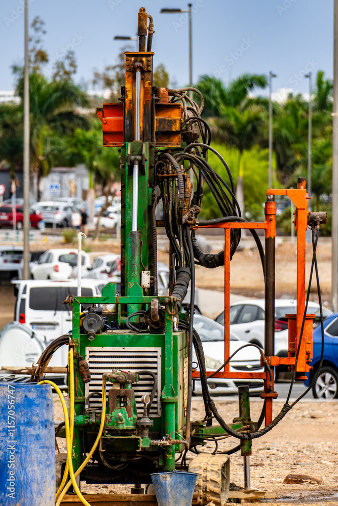 Water well drill. Industrial machinery drilling with mining tower. Engineering equipment.