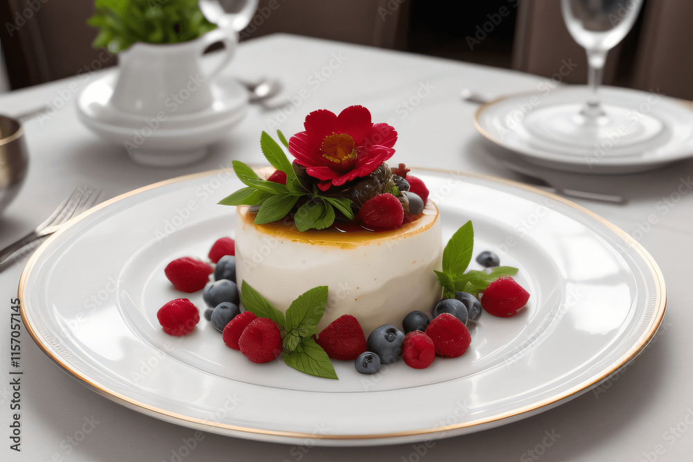 desserts with fine dinning theme, with beautiful berry fruit decoration, green garnish desserts with fine dinning theme, with beautiful berry fruit decoration, green garnish